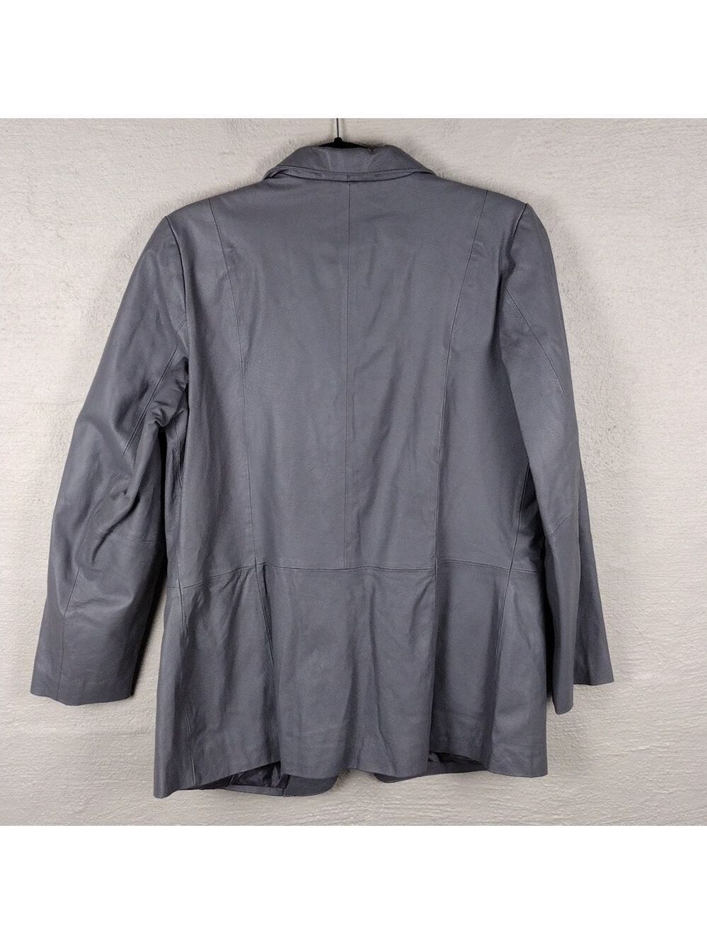 Chadwick's Grey Leather One Notched Collar Long Sleeve Button Front Blazer Coat - Picture 6 of 9